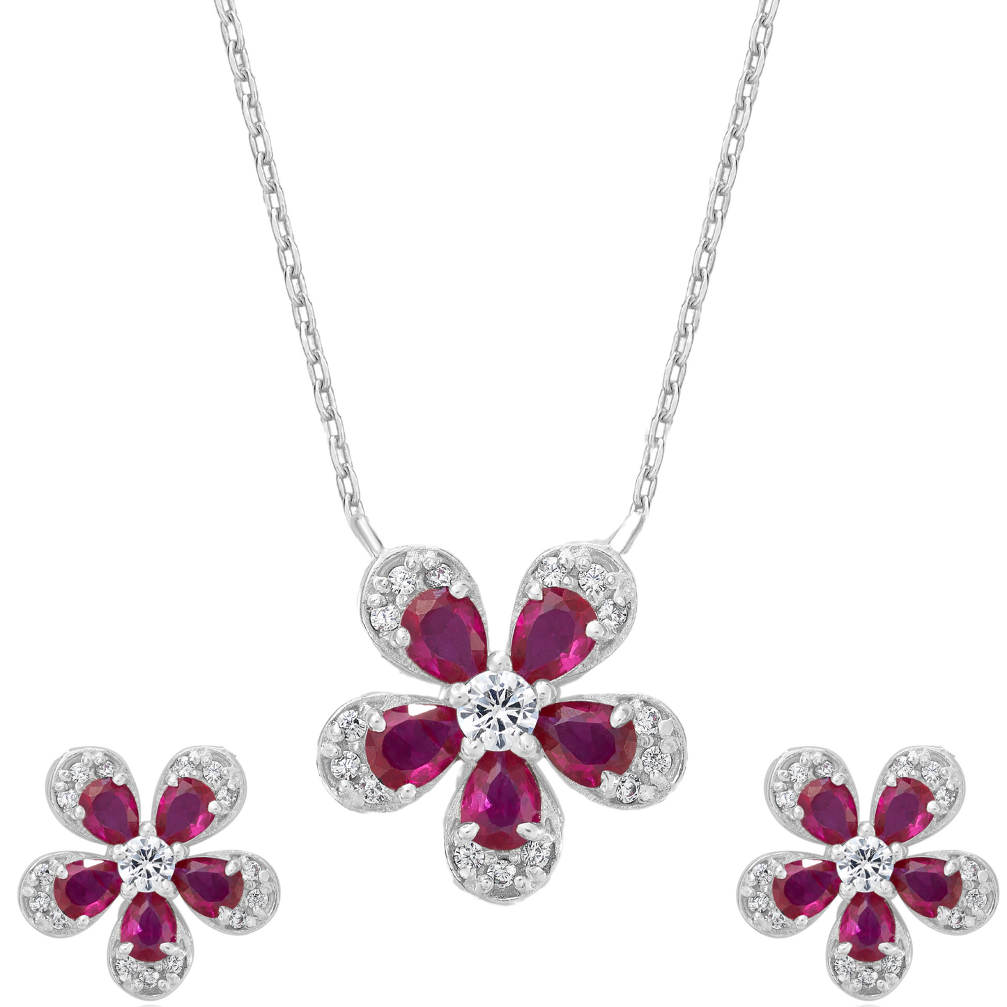Ruby Flower Silver Pendant with Chain and Earrings