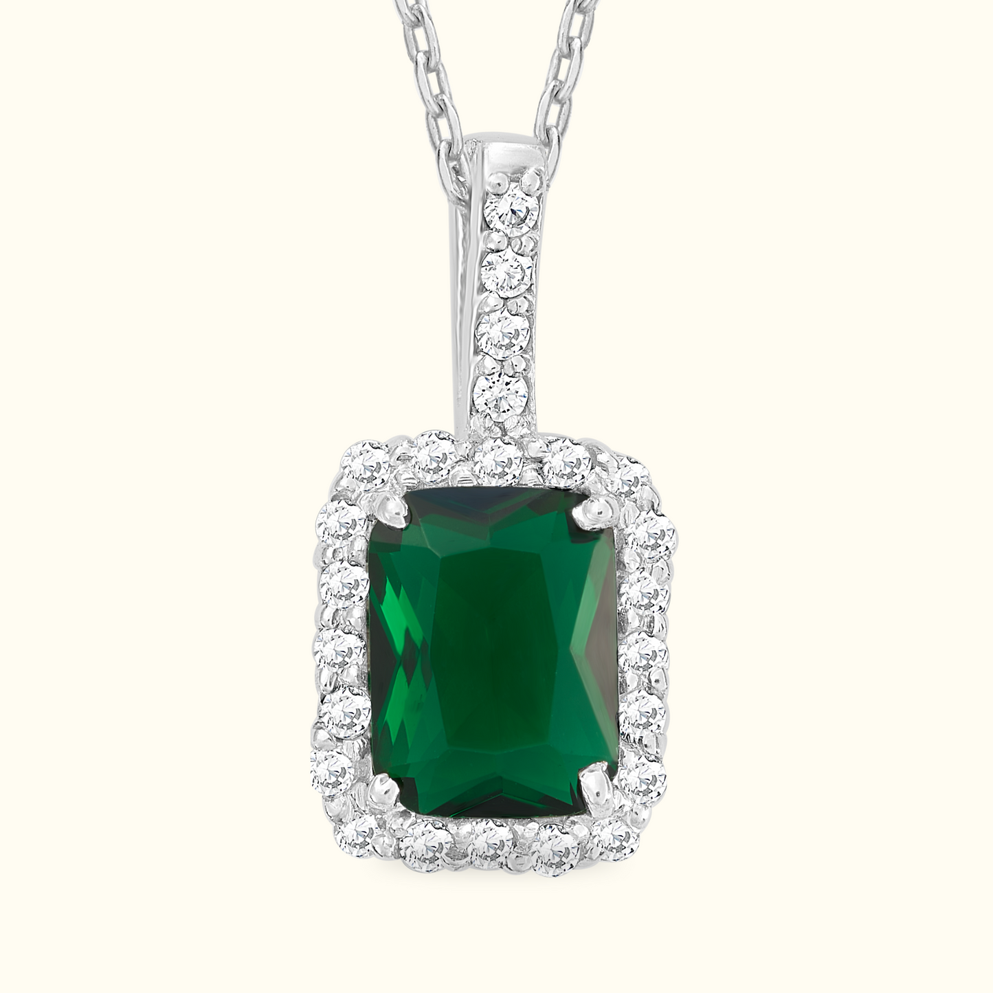 Emerald Silver Pendant Necklace with Silver Chain for Women