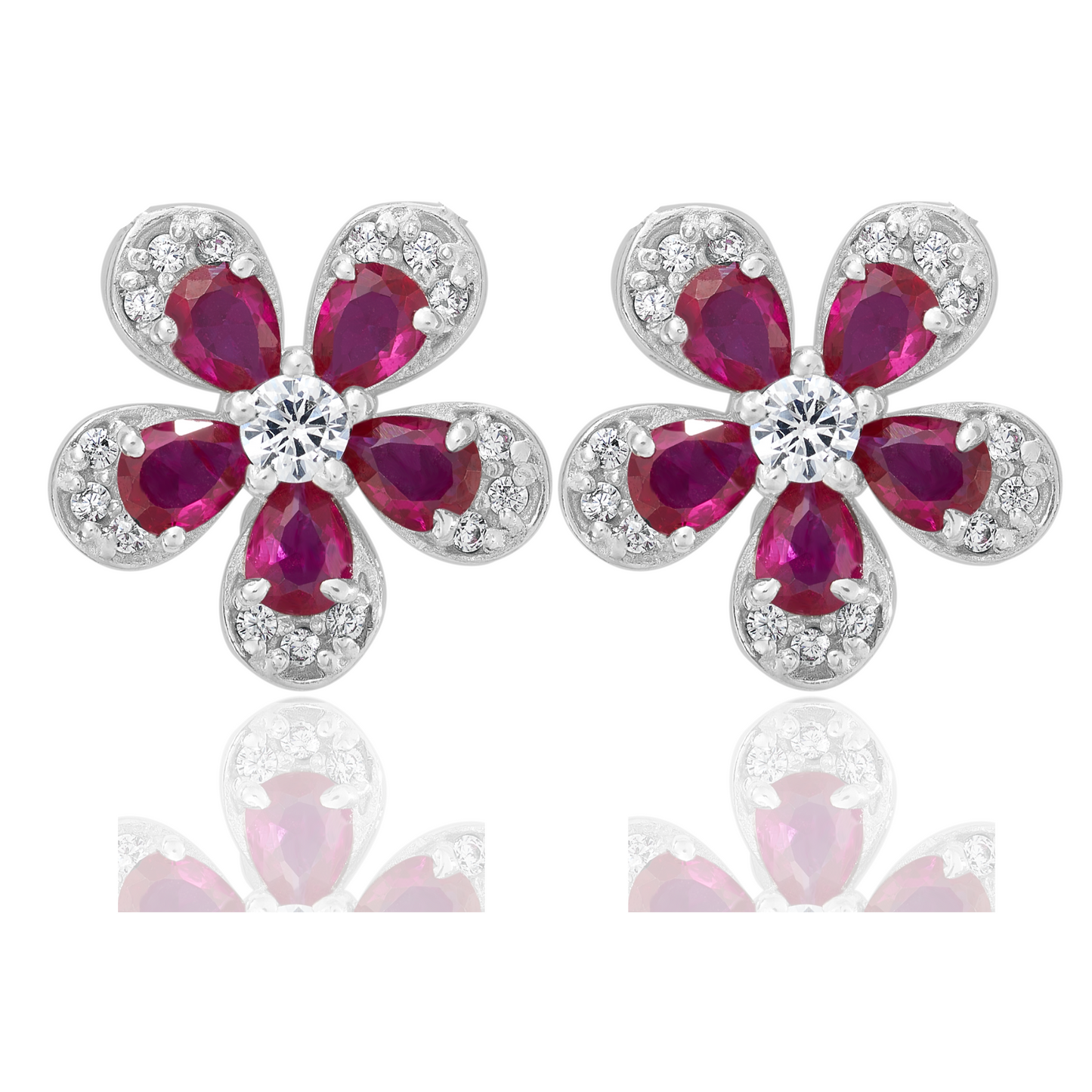Ruby Flower Silver Earrings