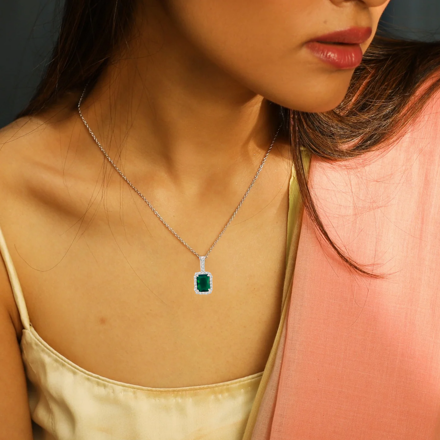 Emerald Silver Pendant with Chain and Earrings