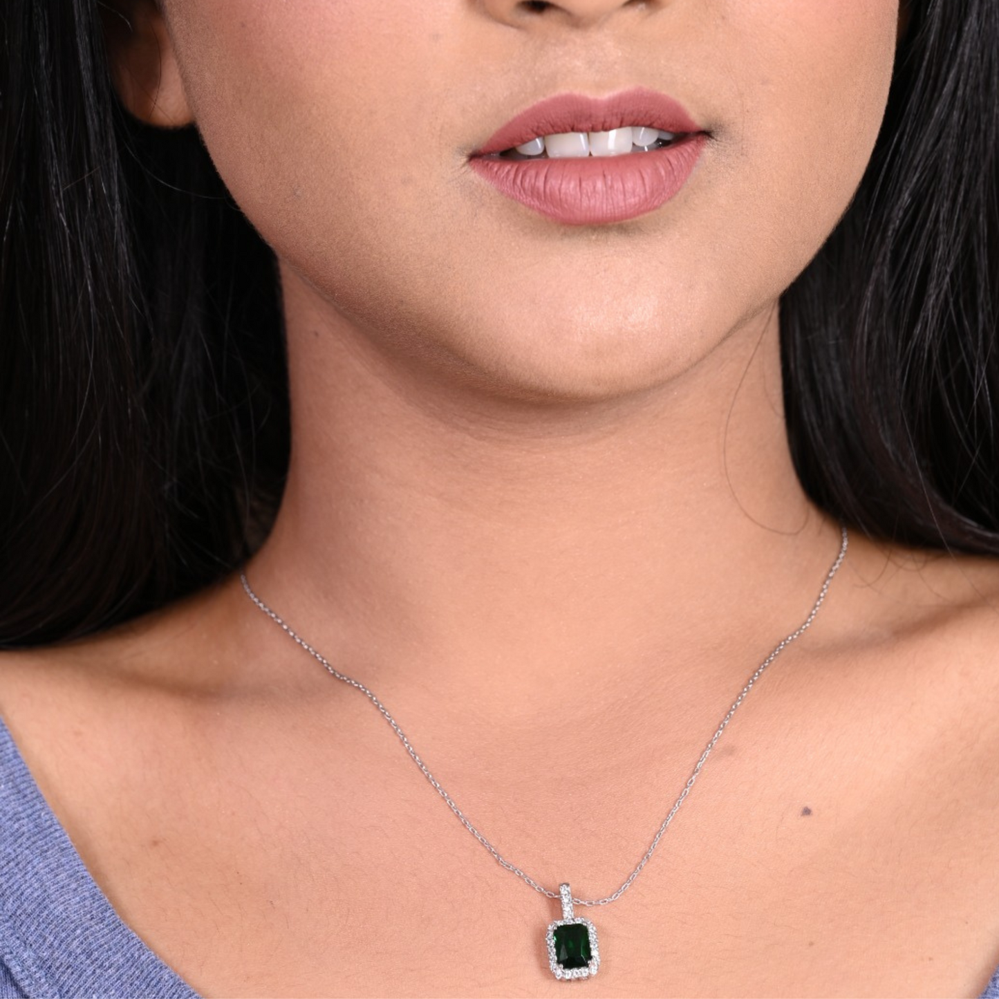 Emerald Silver Pendant Necklace with Silver Chain for Women